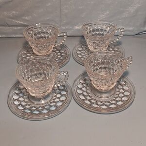 Set of 4 Anchor Hocking Clear Bubble Glass Footed Cups with Saucers